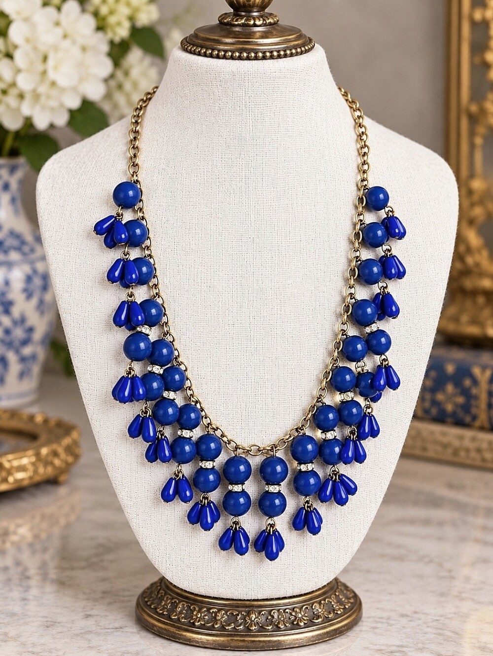 J. Crew Cobalt Blue Balls Teardrop Bauble Heavy Gold Tone Beaded Beads Necklace